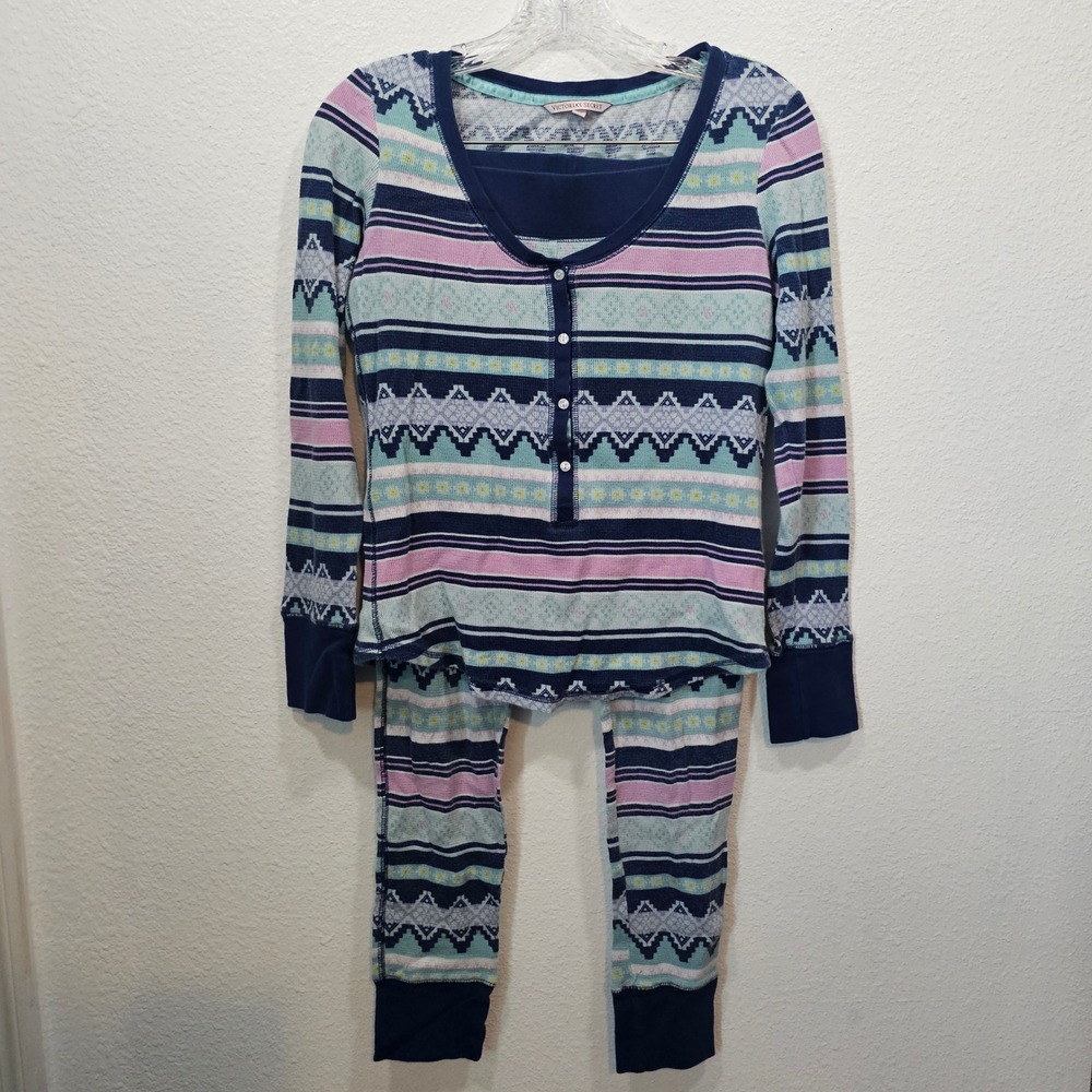 Victorias Secret Thermal Pajama Set Womens Small Fair Isle Henley Waffle Knit